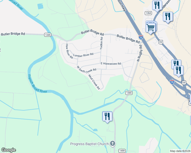 map of restaurants, bars, coffee shops, grocery stores, and more near 31 Alligator Drive in Fletcher