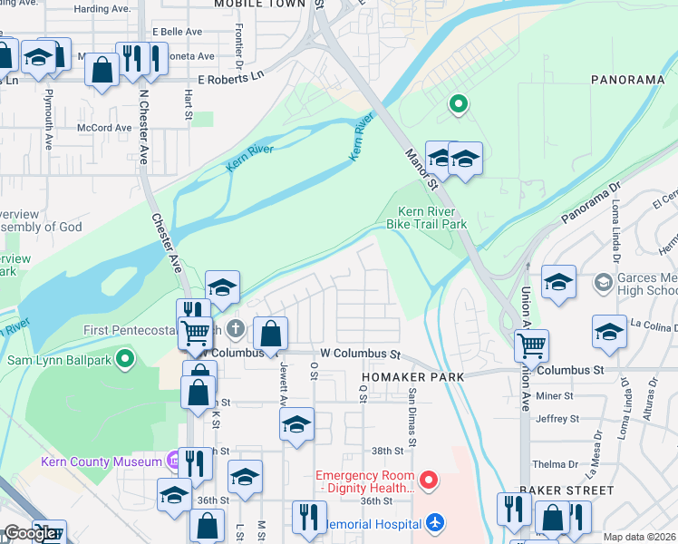 map of restaurants, bars, coffee shops, grocery stores, and more near 729 Underwood Court in Bakersfield