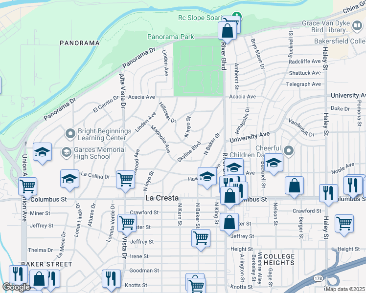 map of restaurants, bars, coffee shops, grocery stores, and more near 601 Walnut Avenue in Bakersfield