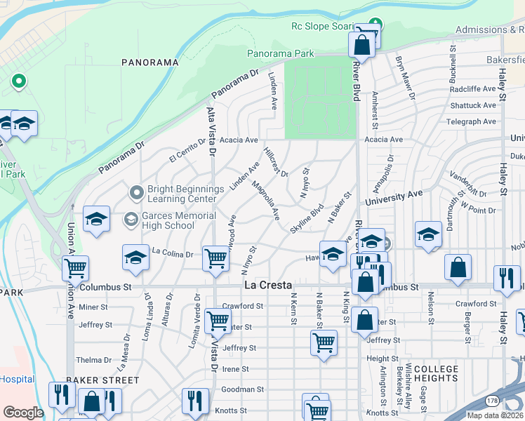 map of restaurants, bars, coffee shops, grocery stores, and more near 525 Magnolia Avenue in Bakersfield