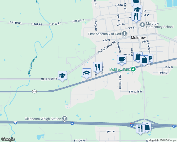 map of restaurants, bars, coffee shops, grocery stores, and more near 702 Southwest 11th Street in Muldrow
