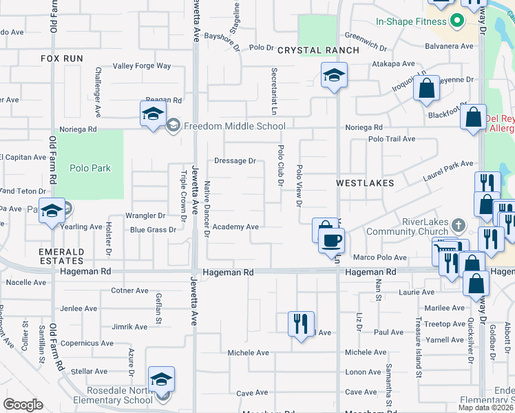 map of restaurants, bars, coffee shops, grocery stores, and more near 10906 Accolade Court in Bakersfield