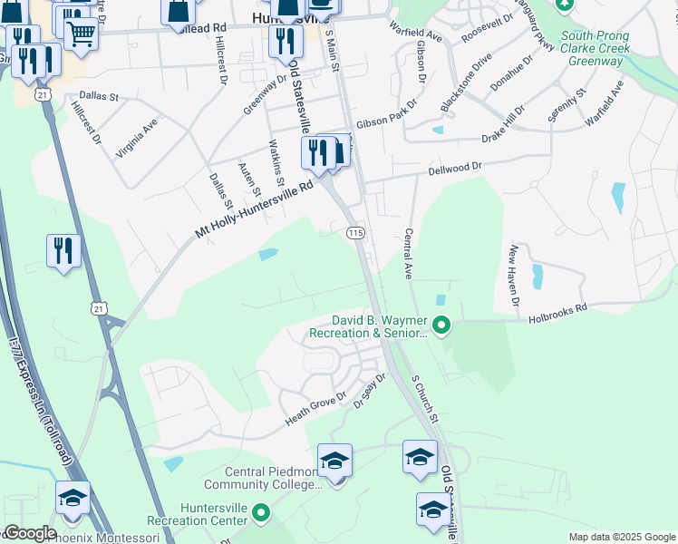 map of restaurants, bars, coffee shops, grocery stores, and more near 13415 Old Statesville Road in Huntersville