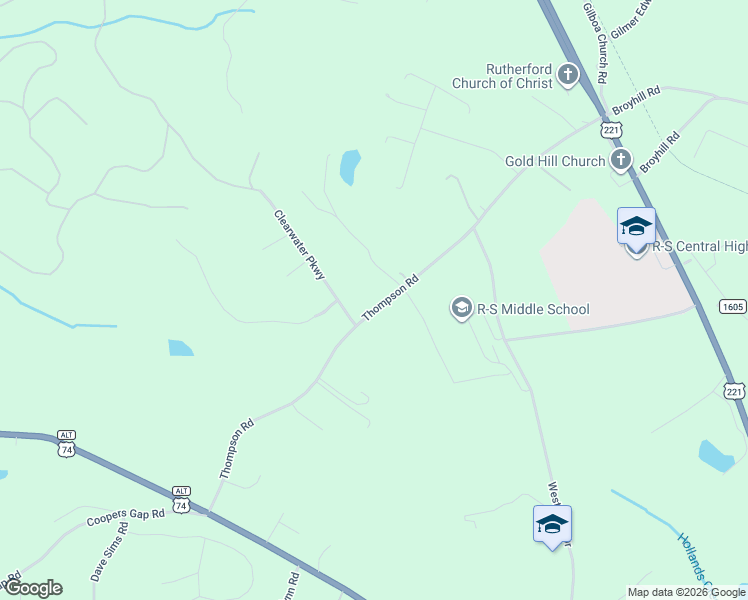 map of restaurants, bars, coffee shops, grocery stores, and more near 447 Thompson Road in Rutherfordton