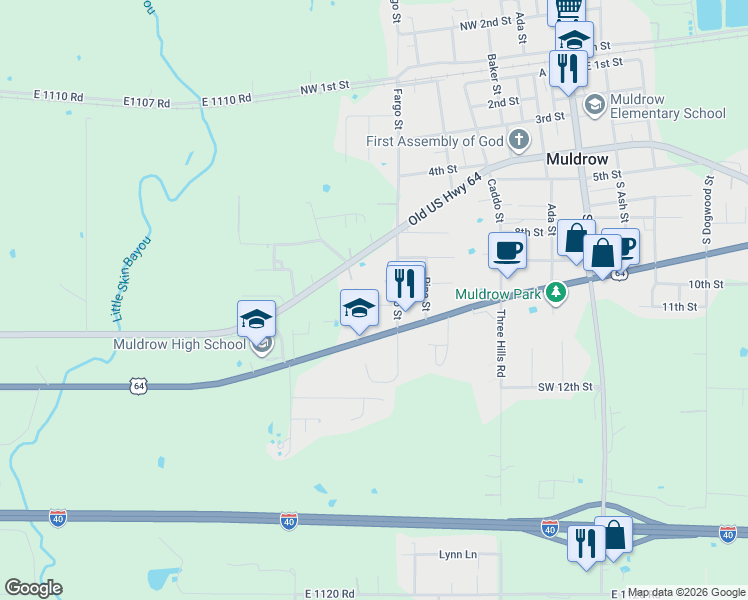map of restaurants, bars, coffee shops, grocery stores, and more near 702 Southwest 11th Street in Muldrow