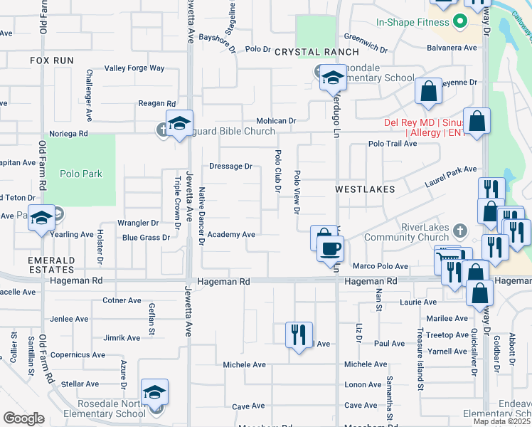 map of restaurants, bars, coffee shops, grocery stores, and more near 4602 Polo Club Drive in Bakersfield