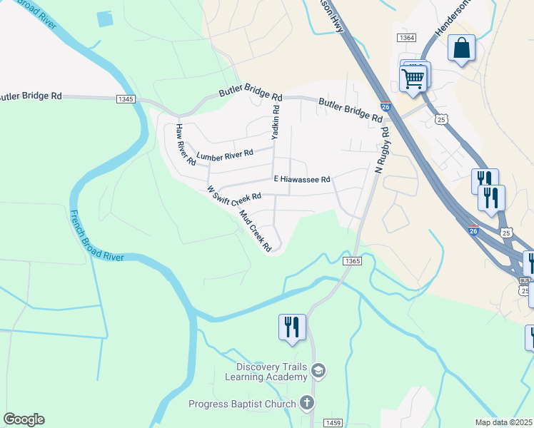 map of restaurants, bars, coffee shops, grocery stores, and more near 74 Alligator Drive in Fletcher