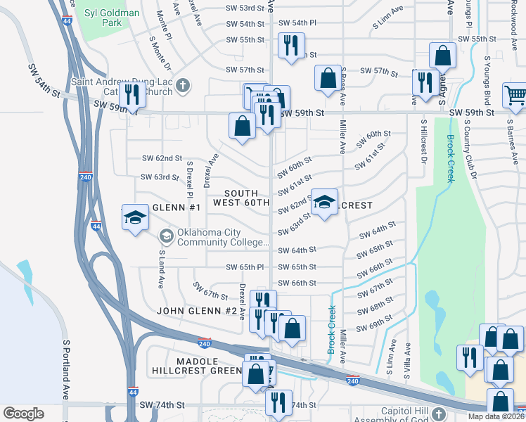 map of restaurants, bars, coffee shops, grocery stores, and more near 2907 Southwest 62nd Street in Oklahoma City