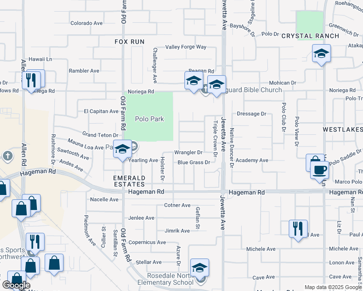 map of restaurants, bars, coffee shops, grocery stores, and more near 11609 Bay Meadows Lane in Bakersfield