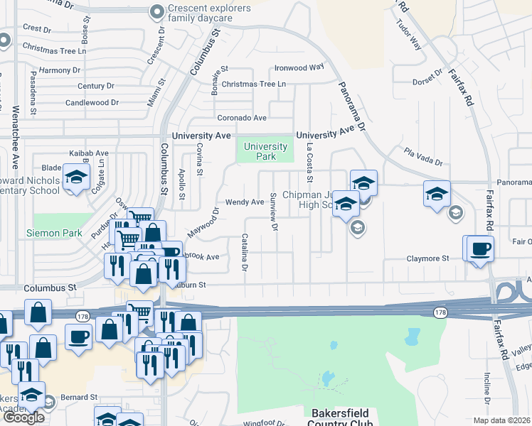 map of restaurants, bars, coffee shops, grocery stores, and more near 4401 Wendy Avenue in Bakersfield