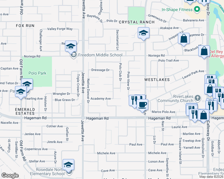 map of restaurants, bars, coffee shops, grocery stores, and more near 10906 Accolade Court in Bakersfield