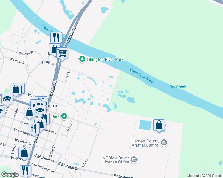 map of restaurants, bars, coffee shops, grocery stores, and more near in Lillington