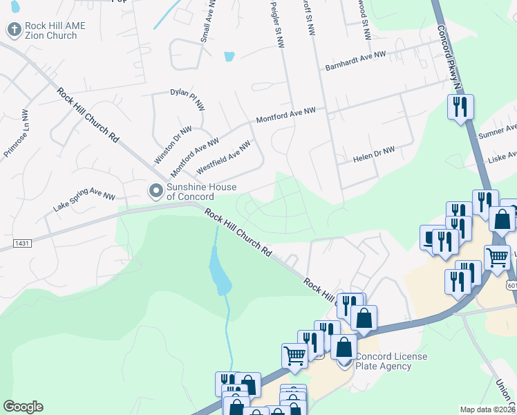 map of restaurants, bars, coffee shops, grocery stores, and more near 2897 Wendover Road Northwest in Concord