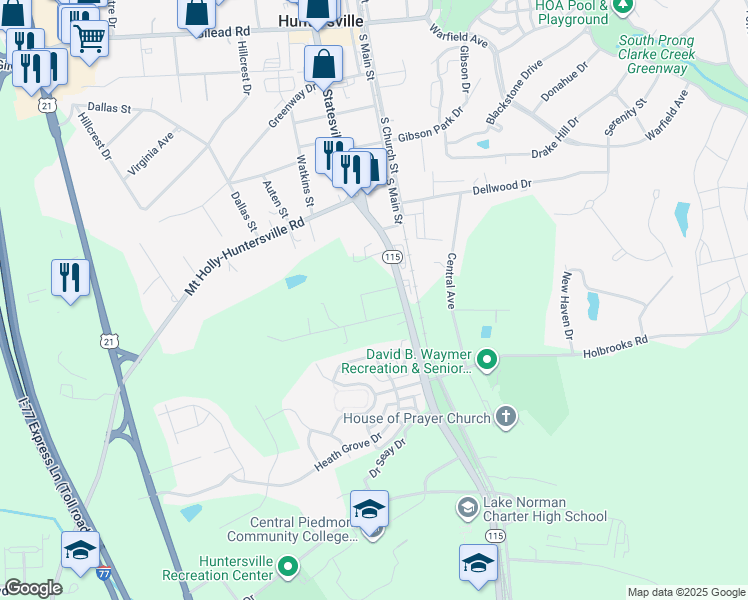 map of restaurants, bars, coffee shops, grocery stores, and more near 13409 S Old Statesville Rd in Huntersville