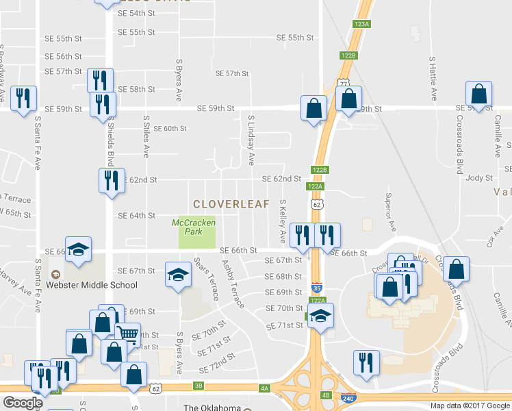 map of restaurants, bars, coffee shops, grocery stores, and more near 6405 South Phillips Avenue in Oklahoma City
