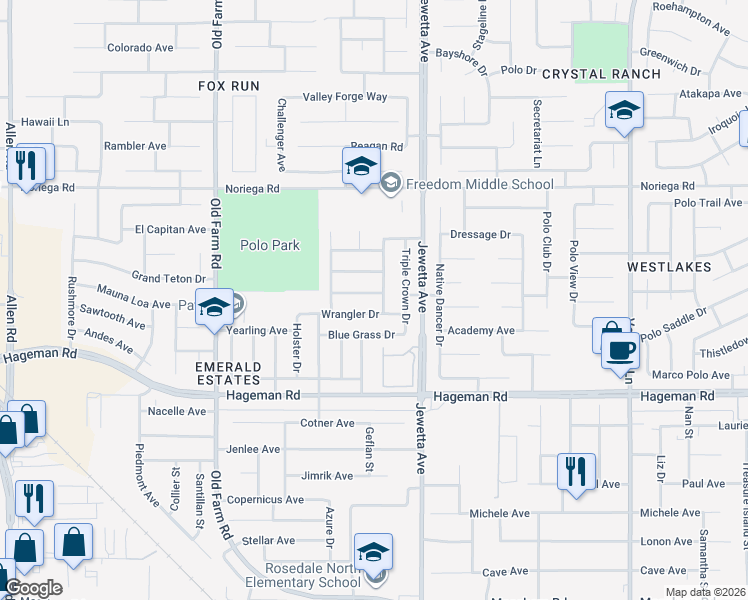 map of restaurants, bars, coffee shops, grocery stores, and more near 11507 Bay Meadows Lane in Bakersfield
