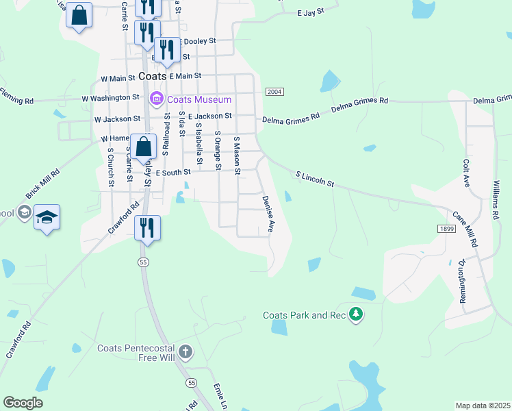 map of restaurants, bars, coffee shops, grocery stores, and more near 65 Derek Drive in Coats
