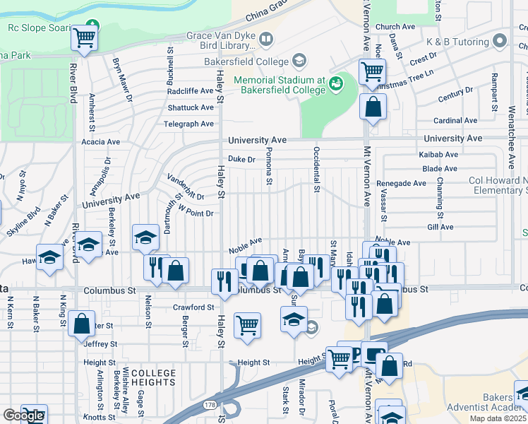 map of restaurants, bars, coffee shops, grocery stores, and more near 3016 Pomona Street in Bakersfield