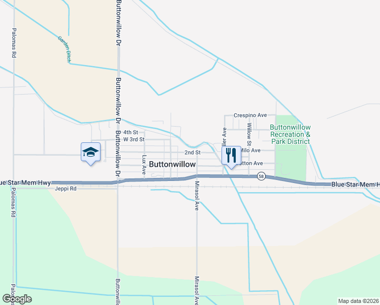 map of restaurants, bars, coffee shops, grocery stores, and more near 208 2nd Street in Buttonwillow