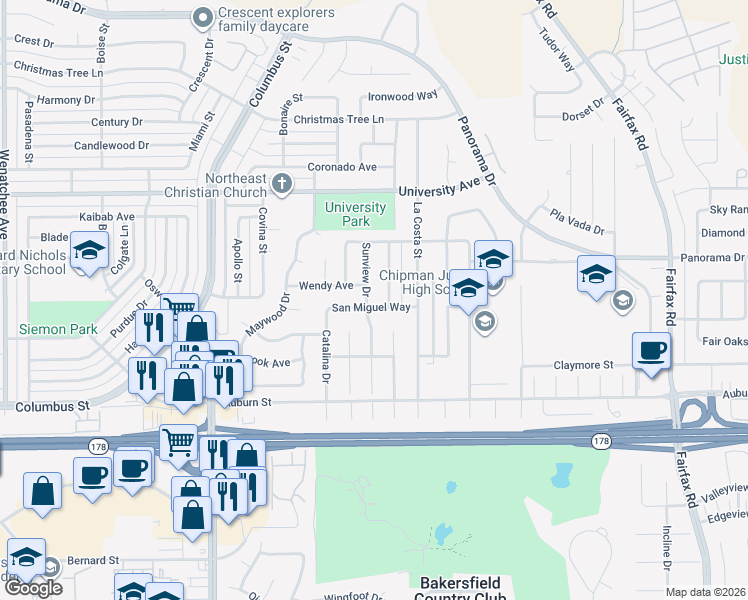 map of restaurants, bars, coffee shops, grocery stores, and more near 4504 San Miguel Way in Bakersfield