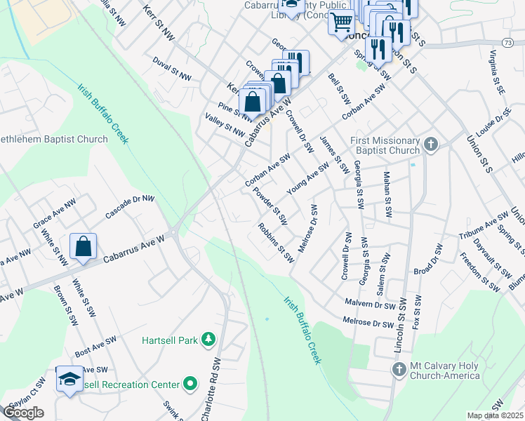 map of restaurants, bars, coffee shops, grocery stores, and more near 61 Robbins Street Southwest in Concord