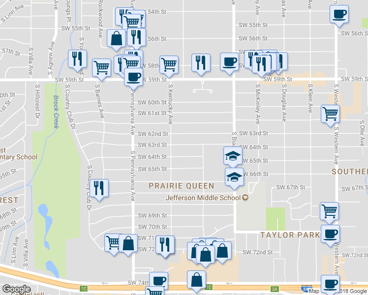 map of restaurants, bars, coffee shops, grocery stores, and more near 1432 Southwest 63rd Street in Oklahoma City