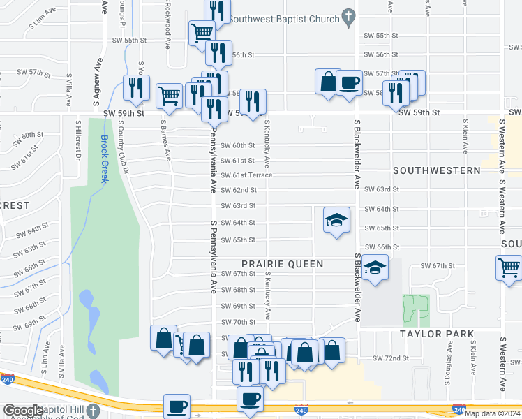 map of restaurants, bars, coffee shops, grocery stores, and more near 1504 Southwest 63rd Street in Oklahoma City