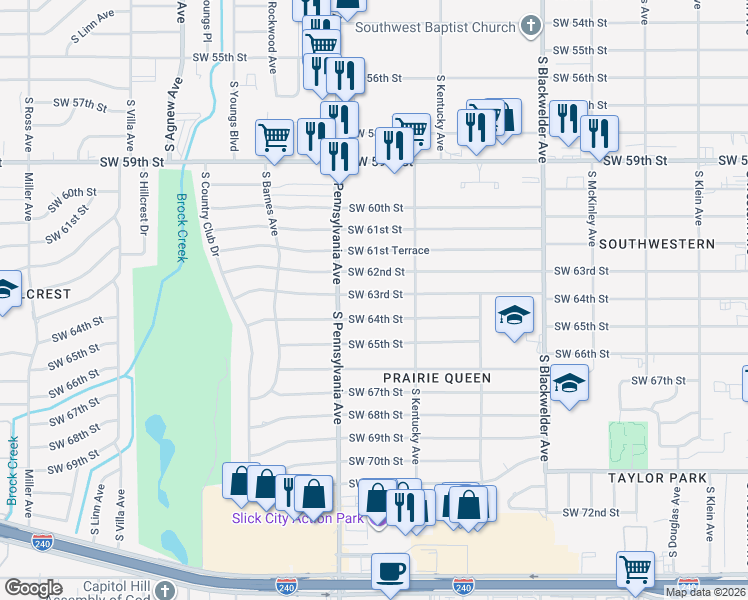 map of restaurants, bars, coffee shops, grocery stores, and more near 1604 Southwest 63rd Street in Oklahoma City