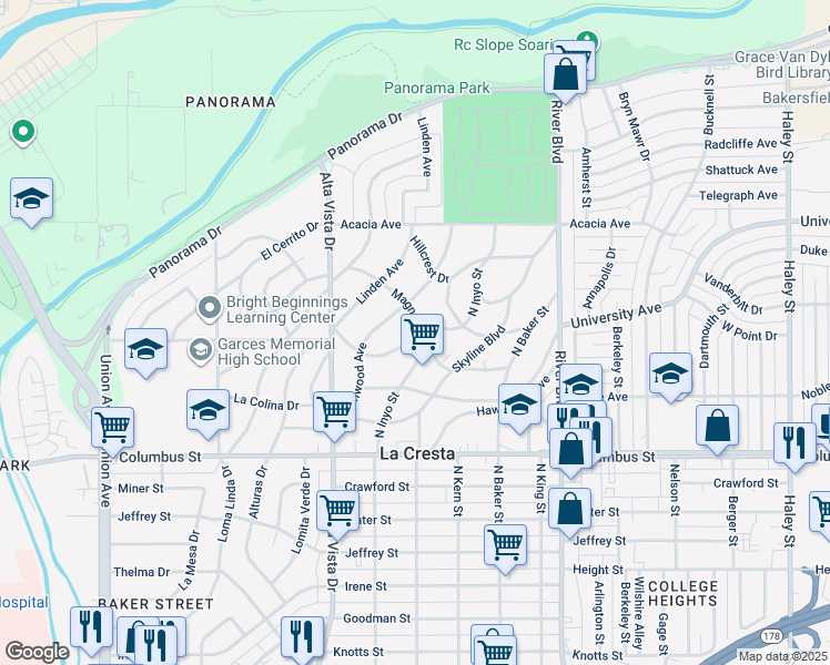 map of restaurants, bars, coffee shops, grocery stores, and more near 525 Magnolia Avenue in Bakersfield