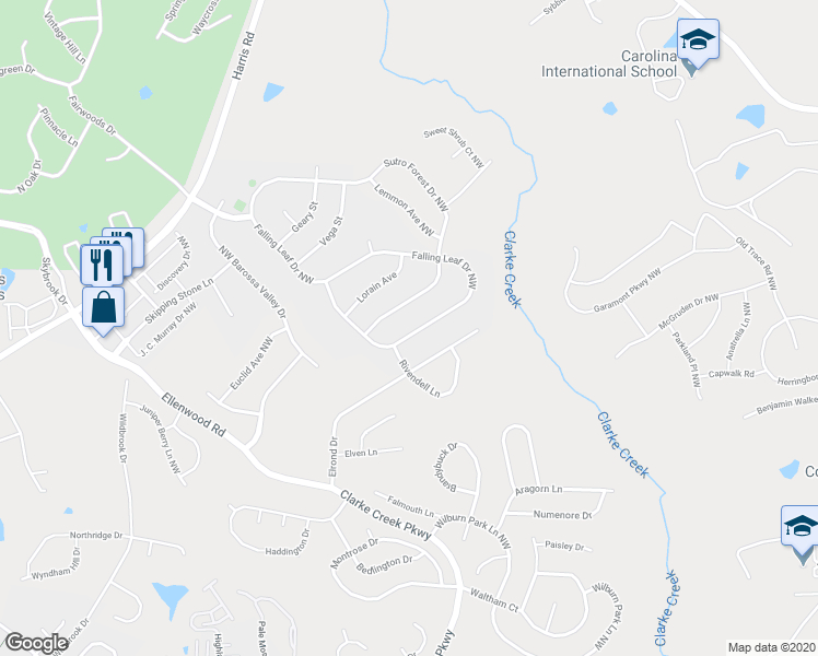 map of restaurants, bars, coffee shops, grocery stores, and more near 10177 Falling Leaf Drive Northwest in Concord