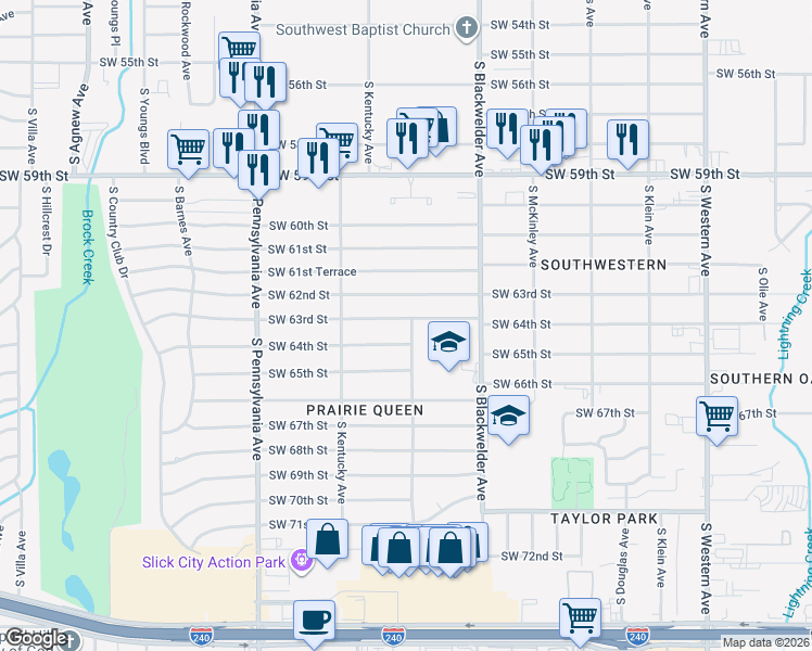 map of restaurants, bars, coffee shops, grocery stores, and more near 1400 Southwest 63rd Street in Oklahoma City