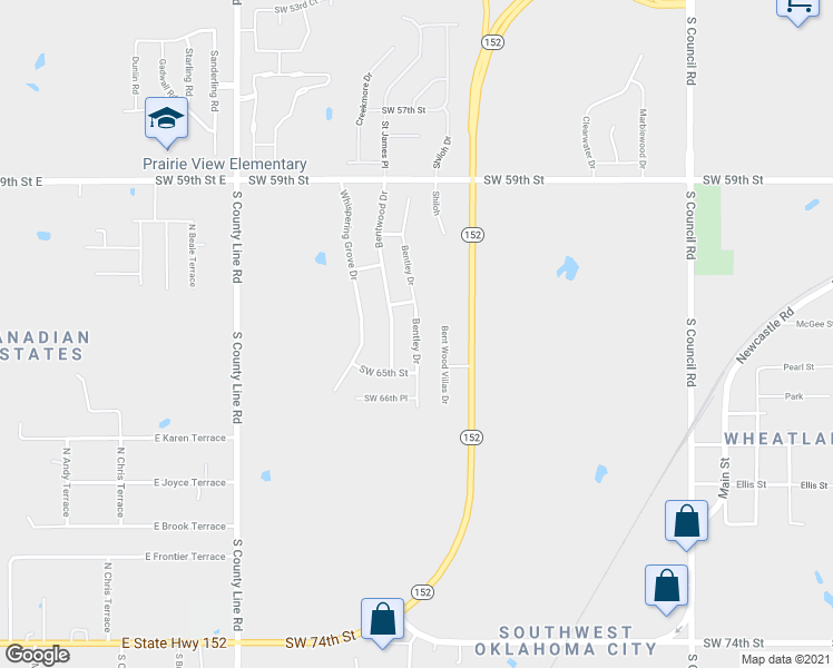 map of restaurants, bars, coffee shops, grocery stores, and more near 6521 Bentley Drive in Oklahoma City