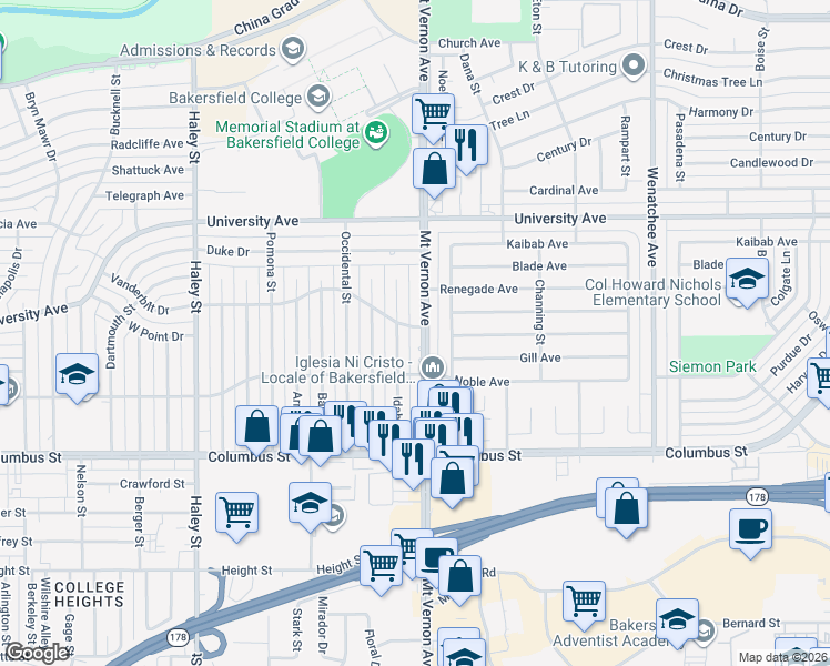 map of restaurants, bars, coffee shops, grocery stores, and more near 3012 Mount Vernon Avenue in Bakersfield