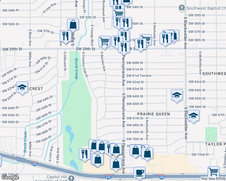 map of restaurants, bars, coffee shops, grocery stores, and more near 2124 Southwest 63rd Street in Oklahoma City