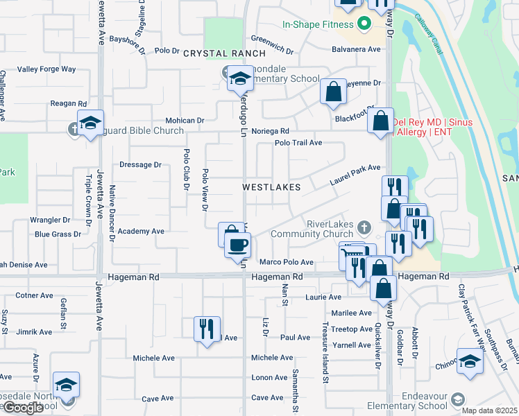 map of restaurants, bars, coffee shops, grocery stores, and more near 4518 Polo Jump Court in Bakersfield