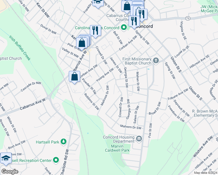 map of restaurants, bars, coffee shops, grocery stores, and more near 155 Melrose Drive Southwest in Concord