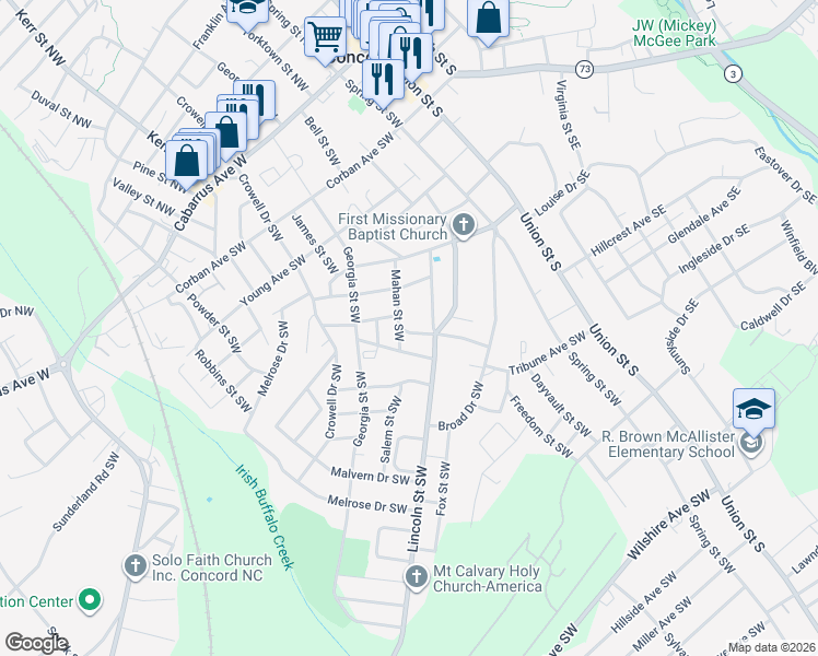 map of restaurants, bars, coffee shops, grocery stores, and more near 146 High Avenue Southwest in Concord