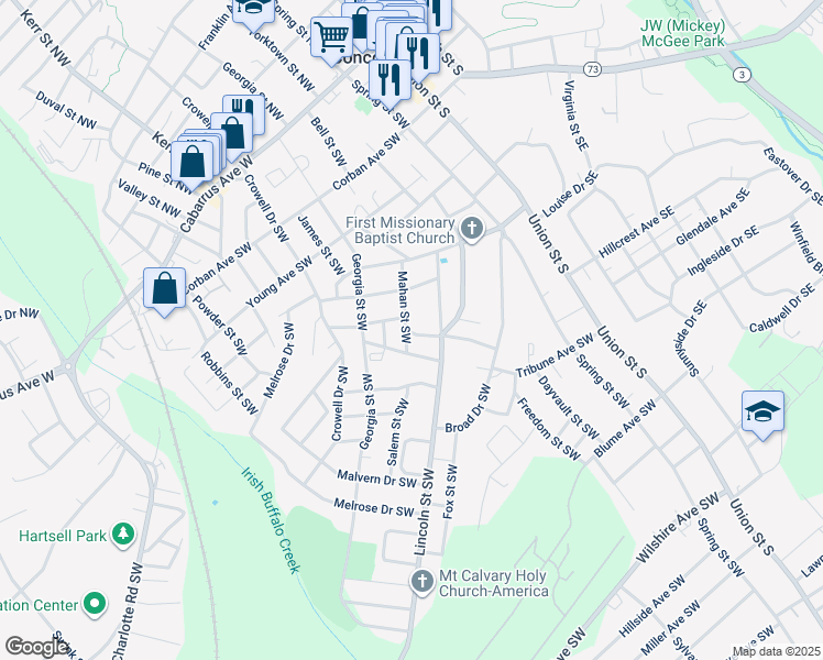 map of restaurants, bars, coffee shops, grocery stores, and more near High Avenue Southwest in Concord