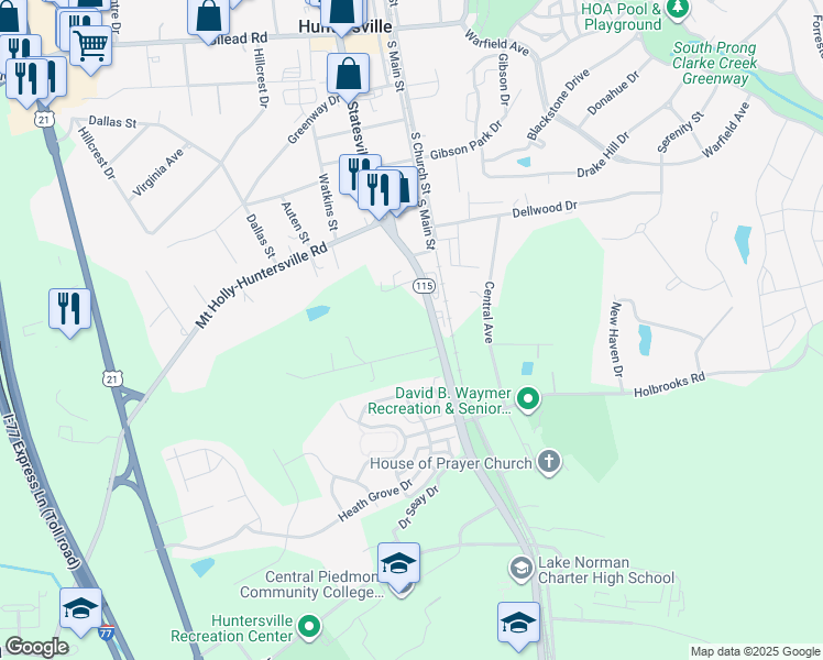 map of restaurants, bars, coffee shops, grocery stores, and more near 13409 S Old Statesville Rd in Huntersville
