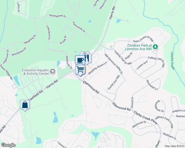 map of restaurants, bars, coffee shops, grocery stores, and more near 11080 J. C. Murray Drive Northwest in Concord