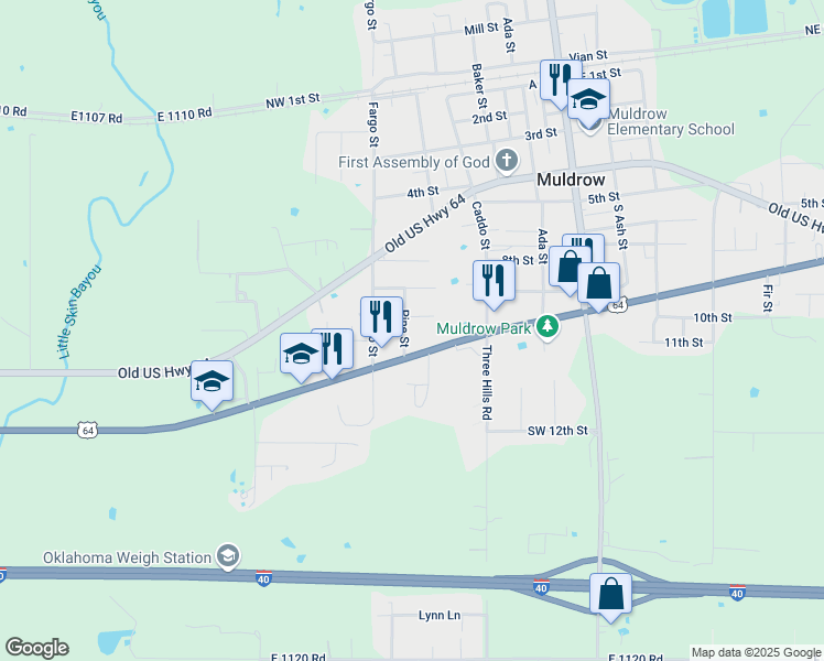 map of restaurants, bars, coffee shops, grocery stores, and more near 907 Pine Street in Muldrow