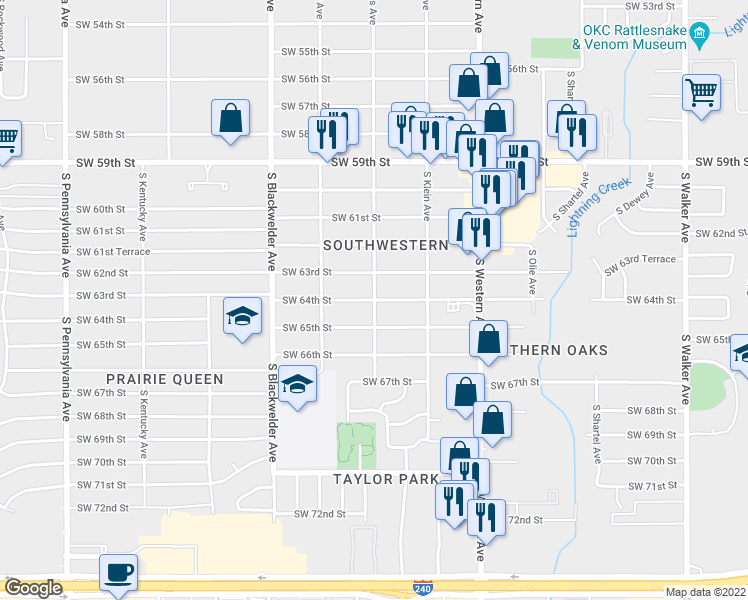 map of restaurants, bars, coffee shops, grocery stores, and more near South Douglas Avenue in Oklahoma City