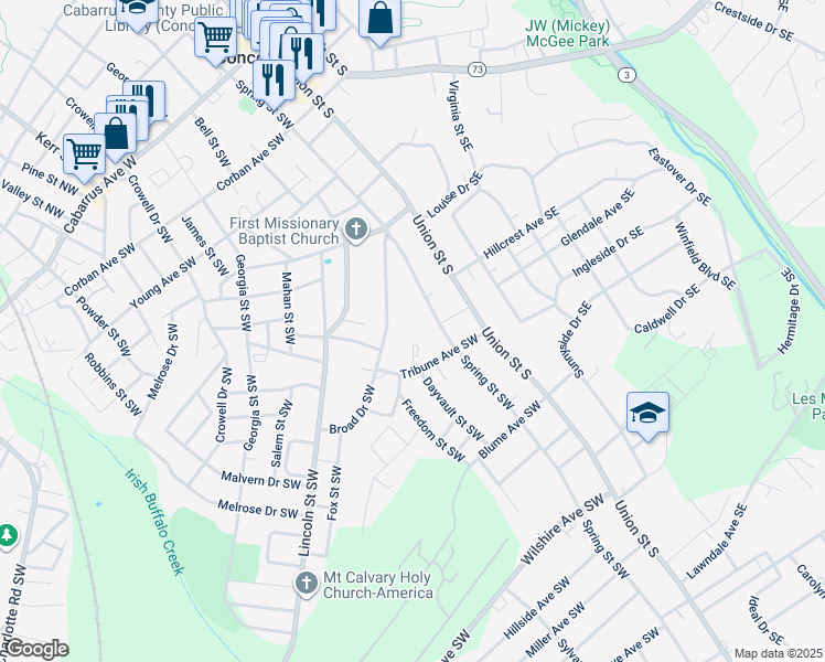 map of restaurants, bars, coffee shops, grocery stores, and more near 320 Spring Street Southwest in Concord