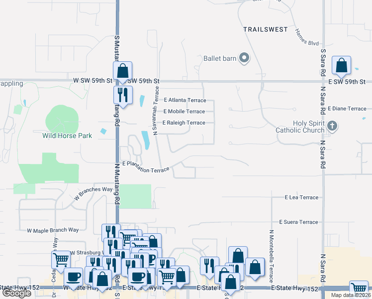 map of restaurants, bars, coffee shops, grocery stores, and more near 320 North Charlotte Terrace in Mustang