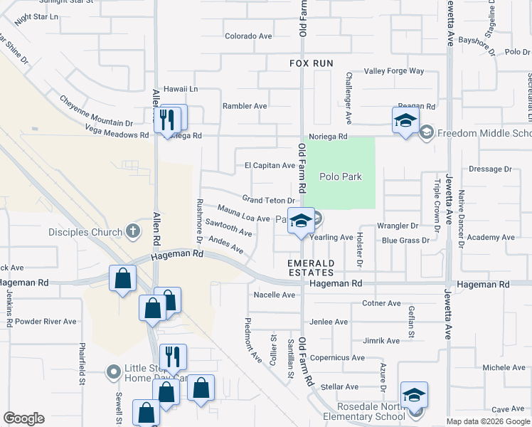 map of restaurants, bars, coffee shops, grocery stores, and more near 12310 Mauna Loa Ave in Bakersfield