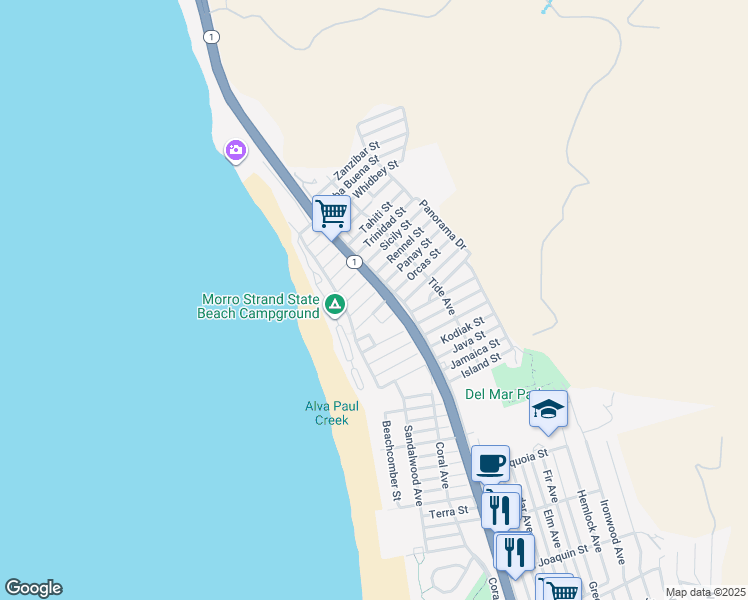 map of restaurants, bars, coffee shops, grocery stores, and more near 176 Panay Street in Morro Bay
