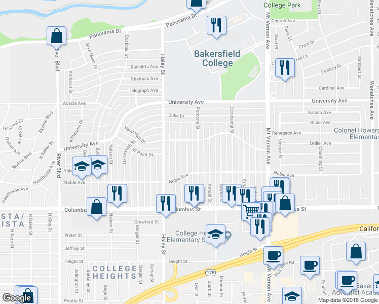 map of restaurants, bars, coffee shops, grocery stores, and more near 3101 Hollins Street in Bakersfield