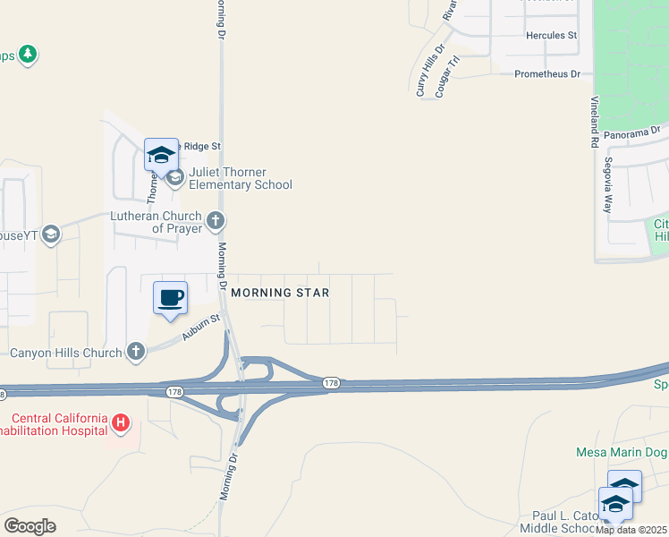 map of restaurants, bars, coffee shops, grocery stores, and more near 8604 Morningstar Avenue in Bakersfield