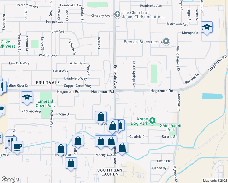 map of restaurants, bars, coffee shops, grocery stores, and more near Hageman Rd & Fruitvale Ave in Bakersfield