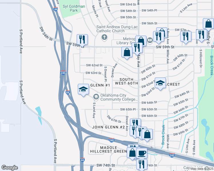 map of restaurants, bars, coffee shops, grocery stores, and more near 6424 South Drexel Place in Oklahoma City
